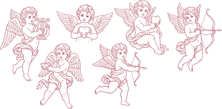 Cupid angel cherub collection with bow, heart and harp, vintage romantic love symbols set isolated, Valentine theme, flat vector illustration