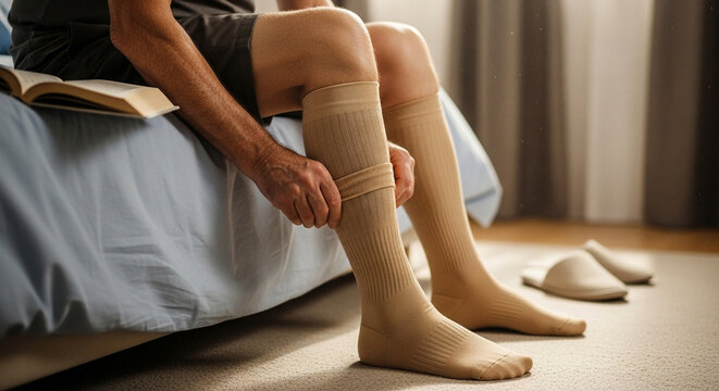 Senior man putting on medical compression socks for health