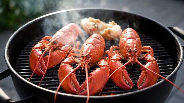 Lobsters are grilling on a barbecue, with steam rising, indicating they are cooking. The scene is outdoors with a focus on the seafood grilling process.