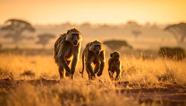 Three baboons walk across a golden grassy plain under the warm, hazy light of sunrise/sunset