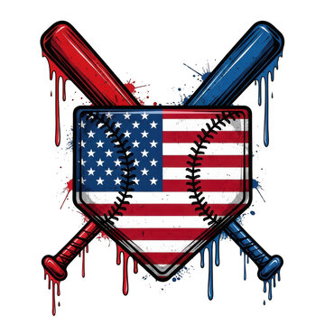 Crossed baseball bats with american flag paint splash design PNG Isolated on Transparent Background