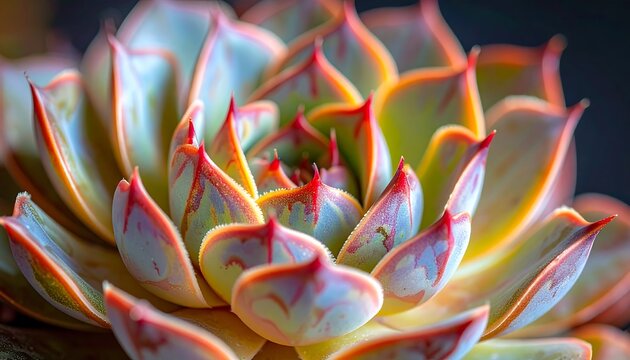 Tightly packed succulent with soft orange glow on edges, textured with pale greens, reds, and cream