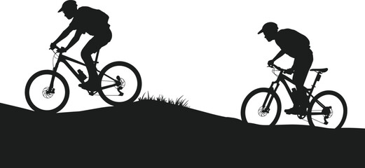 Fototapeta premium Mountain bike riders cycling on uphill forest trail vector illustration, black silhouette icons for outdoor sports