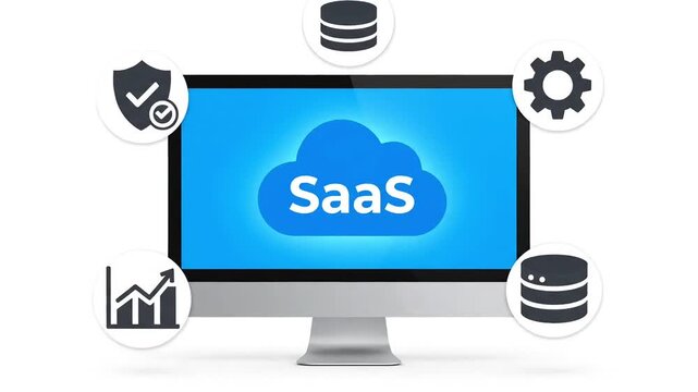 Modern computer screen displaying SaaS cloud computing concept
