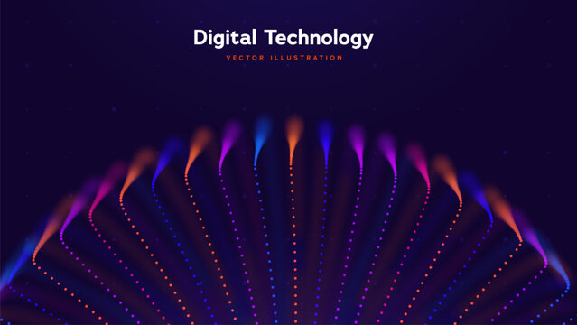 Big Data Technology Background With Neon Data Streams Digital Waves. Digital Transformation, Analytics, Modern Computing Systems. Big Data Technologies And Data Networks Concepts. Vector Illustration.