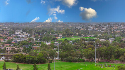 Panoramic Aerial Drone view of Inner Suburbs of Melbourne housing, roof tops, the streets and the parks, the roads and trees of Ascot Vale Moonee Ponds Brunswick Essendon and Maribyrnong in VIC Victor
