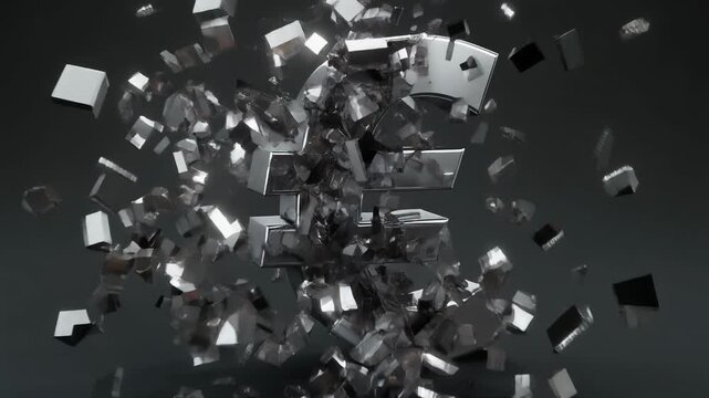 Shattered glass fragments exploding outward in a chaotic, abstract pattern, viewed from a close-up perspective.
