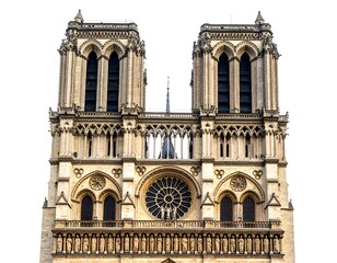 Fototapeta premium Tall ornate building front with two towers and central rose window against a solid white background