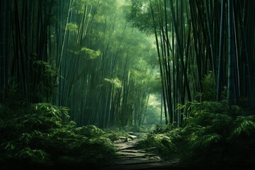 Obraz premium Bamboo forest path winding through dense green foliage with sun rays streaming through