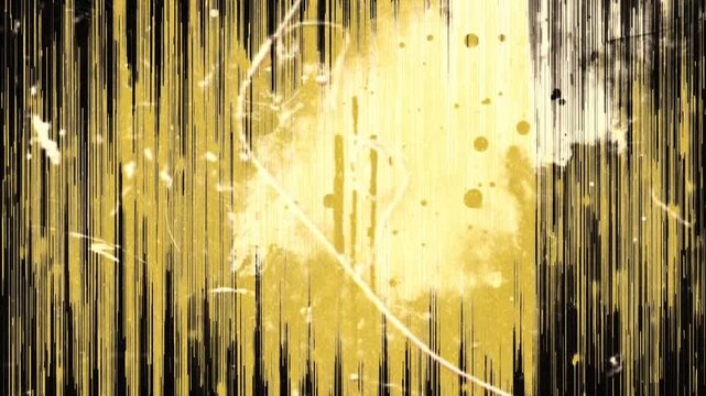 Abstract golden brush strokes motion graphics with dynamic ink splashes and vertical lines texture on black background