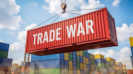 Obraz premium Red shipping container labeled trade war being lifted by crane over stacked cargo containers