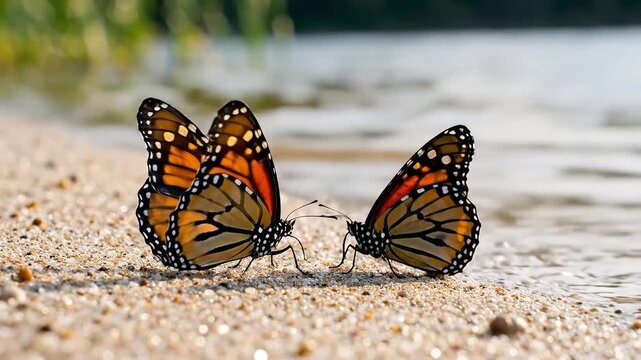 Two Monarch Butterflies Resting on Sandy Shoreline Near Water.