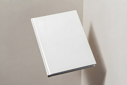 Empty white hardcover book floating or suspended in mid-air against a soft gradient background for creative mockups.