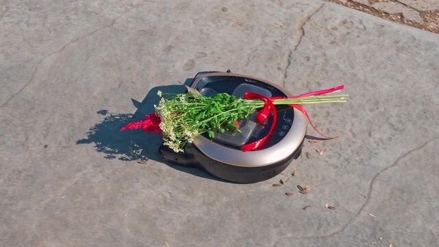 robot vacuum cleaner rides along a concrete sidewalk with a small bouquet of flowers tied with a red ribbon, an unusual street scene featuring an autonomous cleaning device, decorated for the holidays