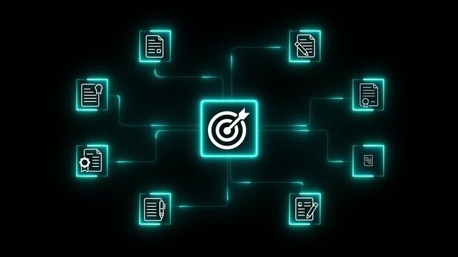 Document management system hologram with files and folders. Abstract Digital Communication Network: Glowing Neon Email Icons and file Symbols. 4k motion on transparent background.