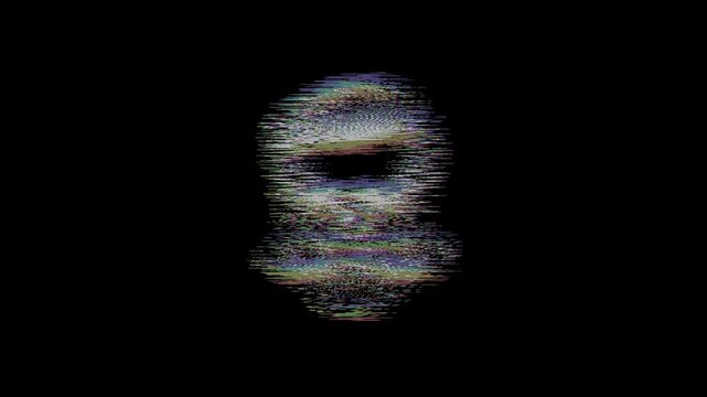 Animated hipster skull featuring a styled pompadour hairstyle and a large handlebar mustache with a vibrant digital glitch effect and RGB color shifts on a black background.