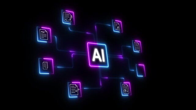 A flowchart document the process of artificial intelligence and its various applications. neon tool box in file concept . 4k transparent background.