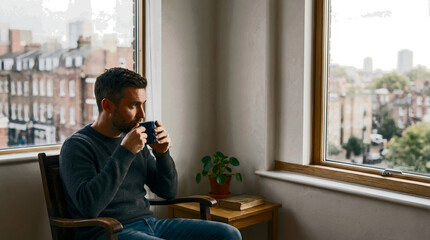 Fototapeta premium Man sitting by window and drinking coffee at home