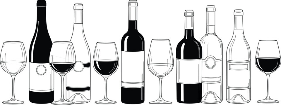 Wine bottles and glasses collection, red and white wine drink set, alcohol beverage display, winery drink concept flat vector illustration
