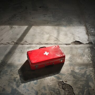 Red First Aid Kit on Grungy Concrete Floor with Dramatic Lighting.