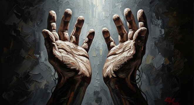 Weathered hands reaching up towards a divine light from the darkness.