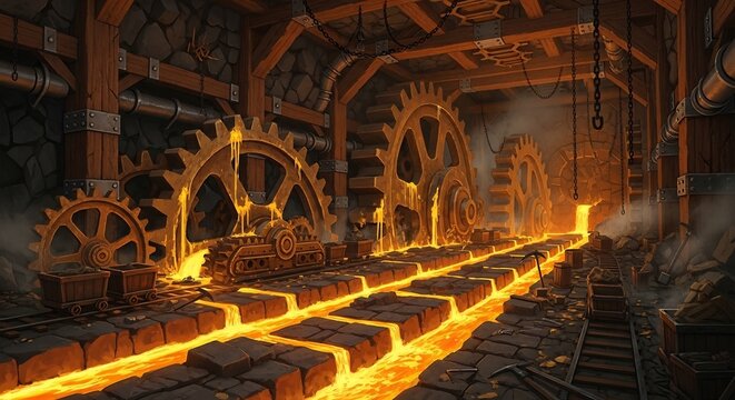 Molten metal flowing through an ancient industrial forge with gears and machinery.