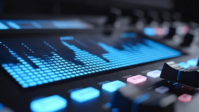 Closeup of DJ Controller with Glowing Blue Equalizer and Buttons.