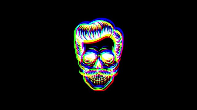 Animated hipster skull featuring a styled pompadour hairstyle and a large handlebar mustache with a vibrant digital glitch effect and RGB color shifts on a black background.