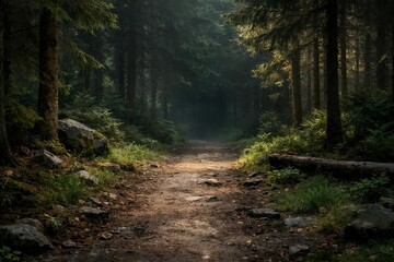 Obraz premium Path through a dark mysterious forest with sunlight beams