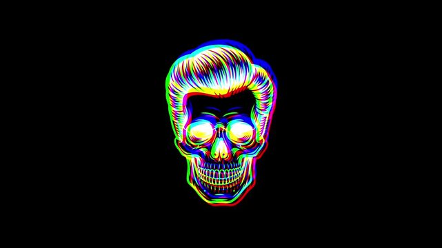 Animated hipster skull featuring a styled pompadour hairstyle and a large handlebar mustache with a vibrant digital glitch effect and RGB color shifts on a black background.