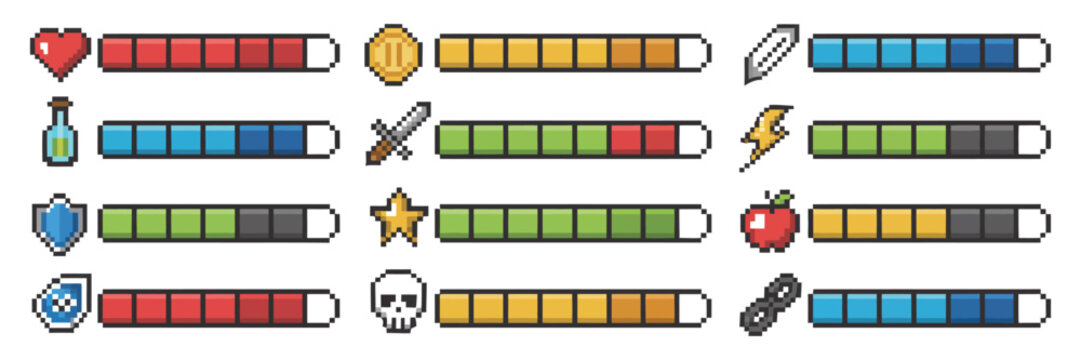 pixel progress bar 8bit retro arcade game status indicator, rpg gaming pixelated interface, health meter stamina energy level, weapon coin potion shield heart skull vector set, decorative emblem for r