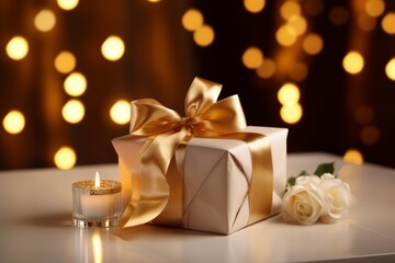 Gift box with golden ribbon on a table, including a lit candle and white roses