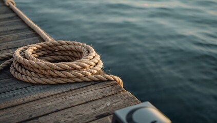 Twisted Rope Coiled on Wooden Dock with Calm Water Background