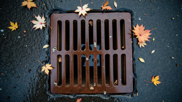 Storm drain autumn leaf wet pavement metal grate rainwater urban street drainage system seasonal outdoor fall