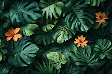 Fototapeta premium Luxury Tropical Botanical Pattern with Exotic Leaves and Bright Florals