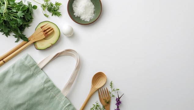 Fresh Ingredients and Cooking Tools Arranged on a Light Background