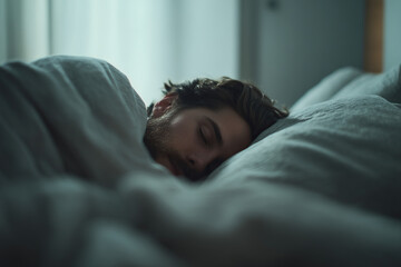 Man sleeping peacefully in bed with closed eyes