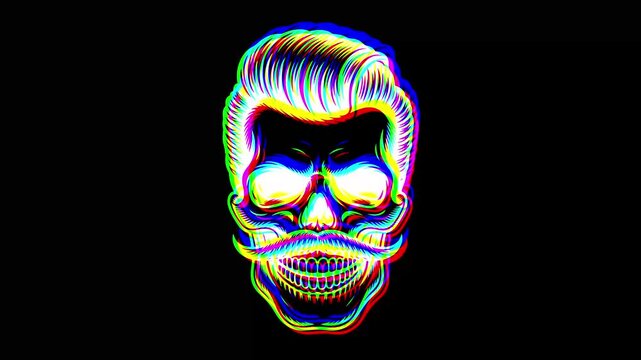 Animated hipster skull featuring a styled pompadour hairstyle and a large handlebar mustache with a vibrant digital glitch effect and RGB color shifts on a black background.