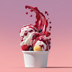 Delicious ice cream with fresh berries and sauce splashing