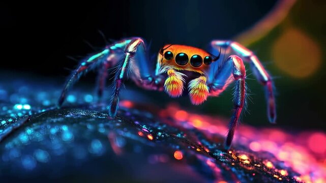 Macro Marvel: A vibrant close-up captures a mesmerizing spider, its intricate details revealed against a backdrop of luminescent colors, showcasing the wonders of the natural world.