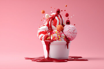 Delicious ice cream sundae with fresh raspberries and colorful sprinkles