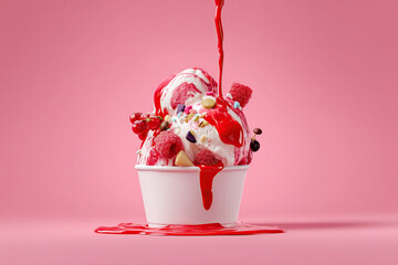 Delicious ice cream with strawberries and sauce being poured