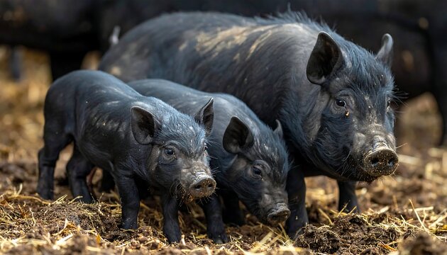 Three black pigs, two piglets and an adult, stand in muddy straw, facing the viewer, in soft, outdoor lighting