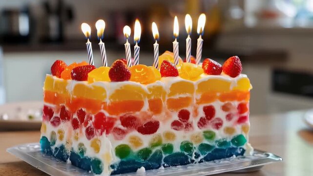 Festive Layered Dessert: A vibrant, multi-colored layered dessert, adorned with lit candles and fresh fruit, promises a celebration of sweetness and joy.