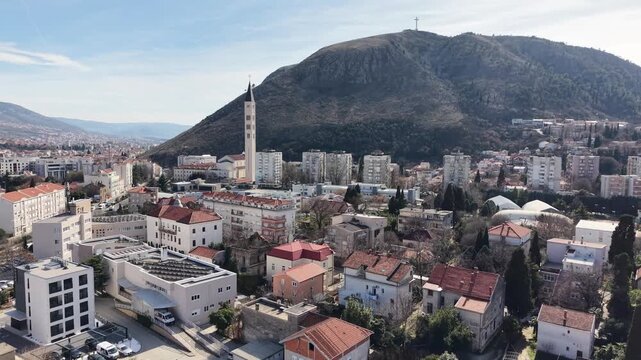 Aerial view of the Peace Bell Tower and Franciscan Church in Mostar, Bosnia and Herzegovina