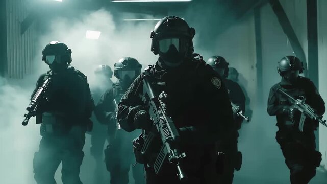 Special Forces in Tactical Operation: A group of resolute special forces operatives, equipped in tactical gear, advance confidently in a smoky indoor environment, ready for action.