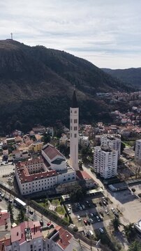 Aerial view of the Peace Bell Tower and Franciscan Church in Mostar, Bosnia and Herzegovina