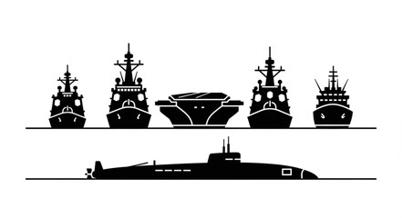 Naval Ships and Submarine Silhouettes. © Injuk