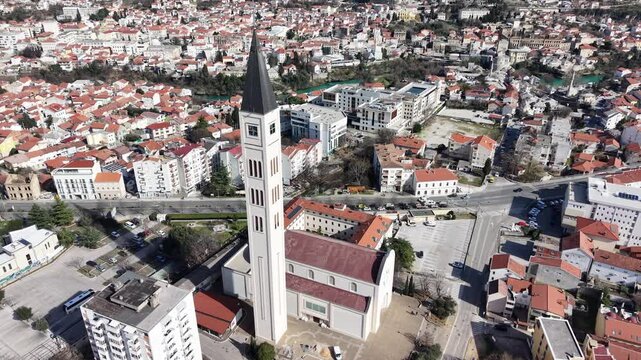 Aerial view of the Peace Bell Tower and Franciscan Church in Mostar, Bosnia and Herzegovina