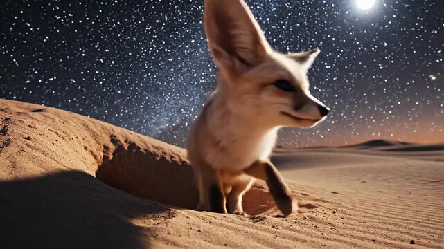 Fennec Fox Emerging From Desert Burrow Under Starry Night Sky